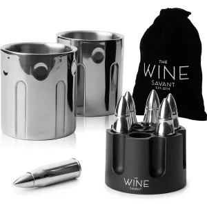 2 Metal Ice Cups & Bullet Chillers by The Wine Savant - Whiskey Stones Bullets Stainless Steel with Revolver Case, 1.75in Bullet Chillers Set of 6, Whiskey Gift Sets, Military Gifts, Veteran Gifts by The Wine Savant