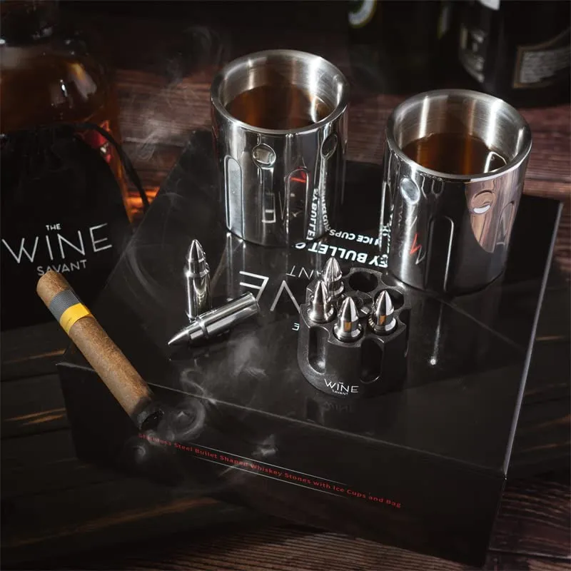 2 Metal Ice Cups & Bullet Chillers by The Wine Savant - Whiskey Stones Bullets Stainless Steel with Revolver Case, 1.75in Bullet Chillers Set of 6, Whiskey Gift Sets, Military Gifts, Veteran Gifts by The Wine Savant