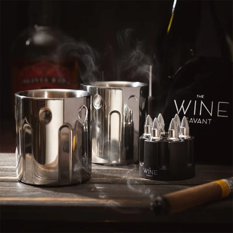 2 Metal Ice Cups & Bullet Chillers by The Wine Savant - Whiskey Stones Bullets Stainless Steel with Revolver Case, 1.75in Bullet Chillers Set of 6, Whiskey Gift Sets, Military Gifts, Veteran Gifts by The Wine Savant