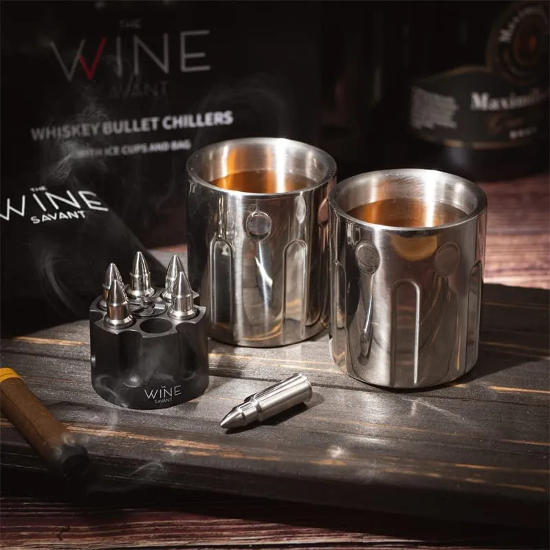 2 Metal Ice Cups & Bullet Chillers by The Wine Savant - Whiskey Stones Bullets Stainless Steel with Revolver Case, 1.75in Bullet Chillers Set of 6, Whiskey Gift Sets, Military Gifts, Veteran Gifts by The Wine Savant