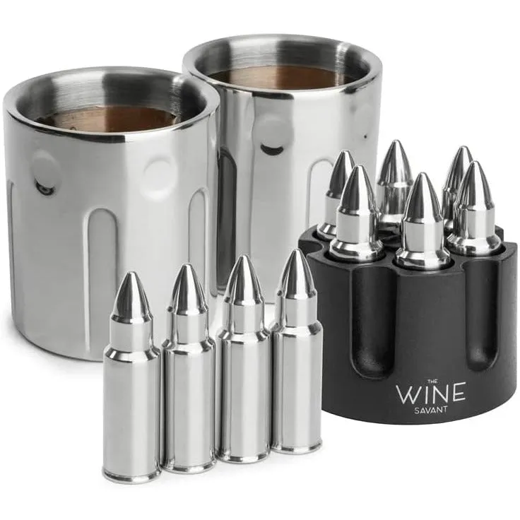 2 Metal Ice Cups & Bullet Chillers by The Wine Savant - Whiskey Stones Bullets Stainless Steel with Revolver Case, 1.75in Bullet Chillers Set of 6, Whiskey Gift Sets, Military Gifts, Veteran Gifts by The Wine Savant