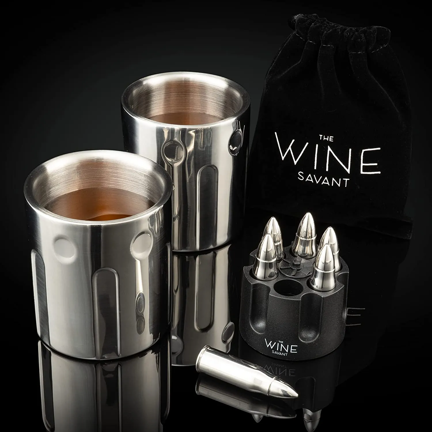 2 Metal Ice Cups & Bullet Chillers by The Wine Savant - Whiskey Stones Bullets Stainless Steel with Revolver Case, 1.75in Bullet Chillers Set of 6, Whiskey Gift Sets, Military Gifts, Veteran Gifts by The Wine Savant
