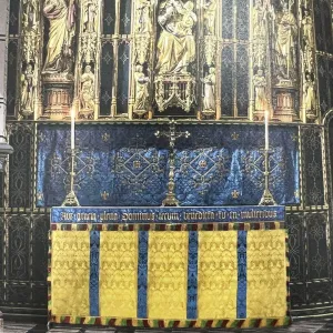 Altar Frontal in Gold 'Stag' with Embroidered Blue 'Comper Cathedral' Superfrontal and Orphreys