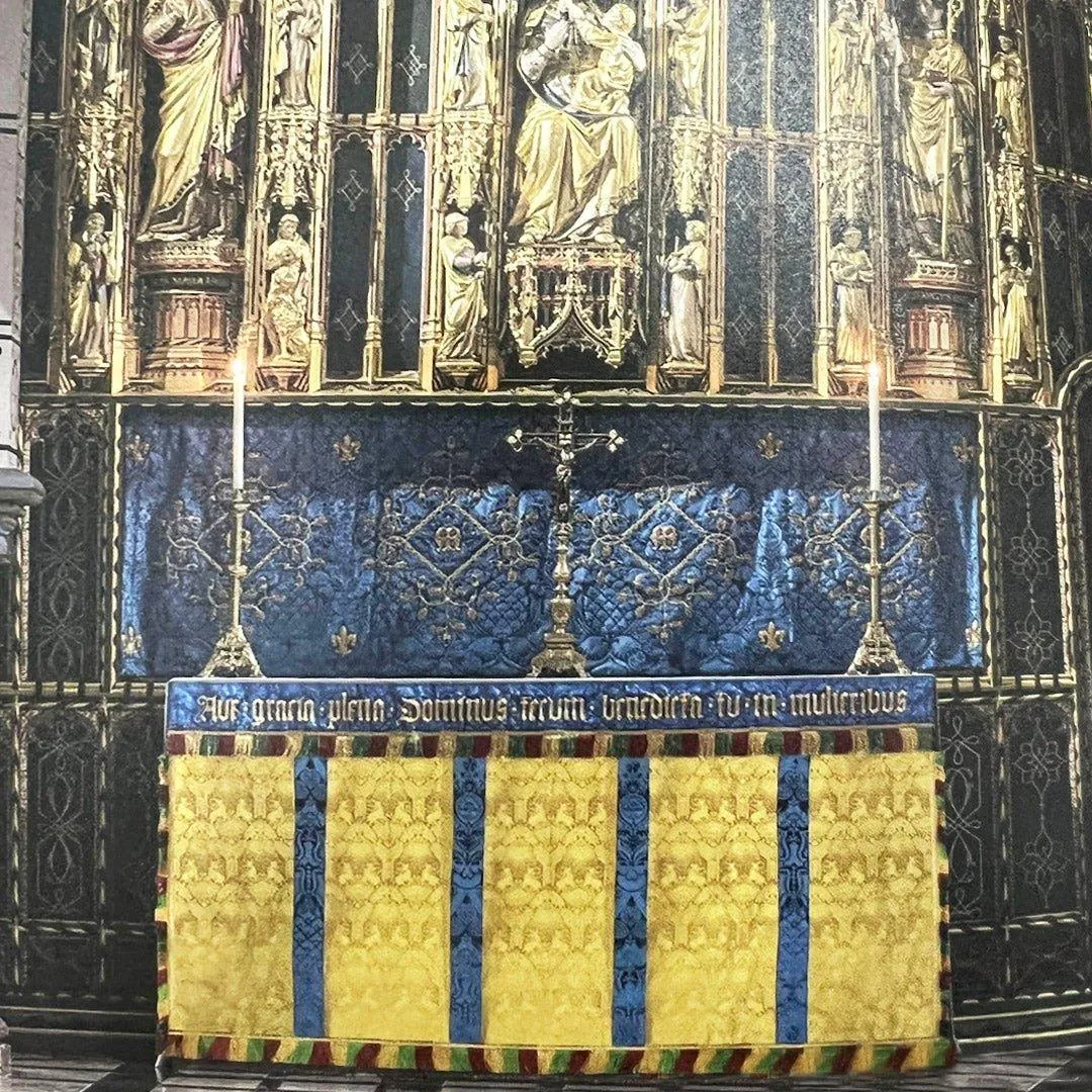 Altar Frontal in Gold 'Stag' with Embroidered Blue 'Comper Cathedral' Superfrontal and Orphreys