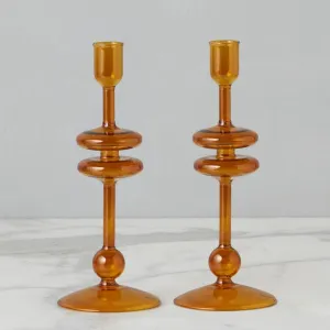 Amber Glass Candlestick - Pair