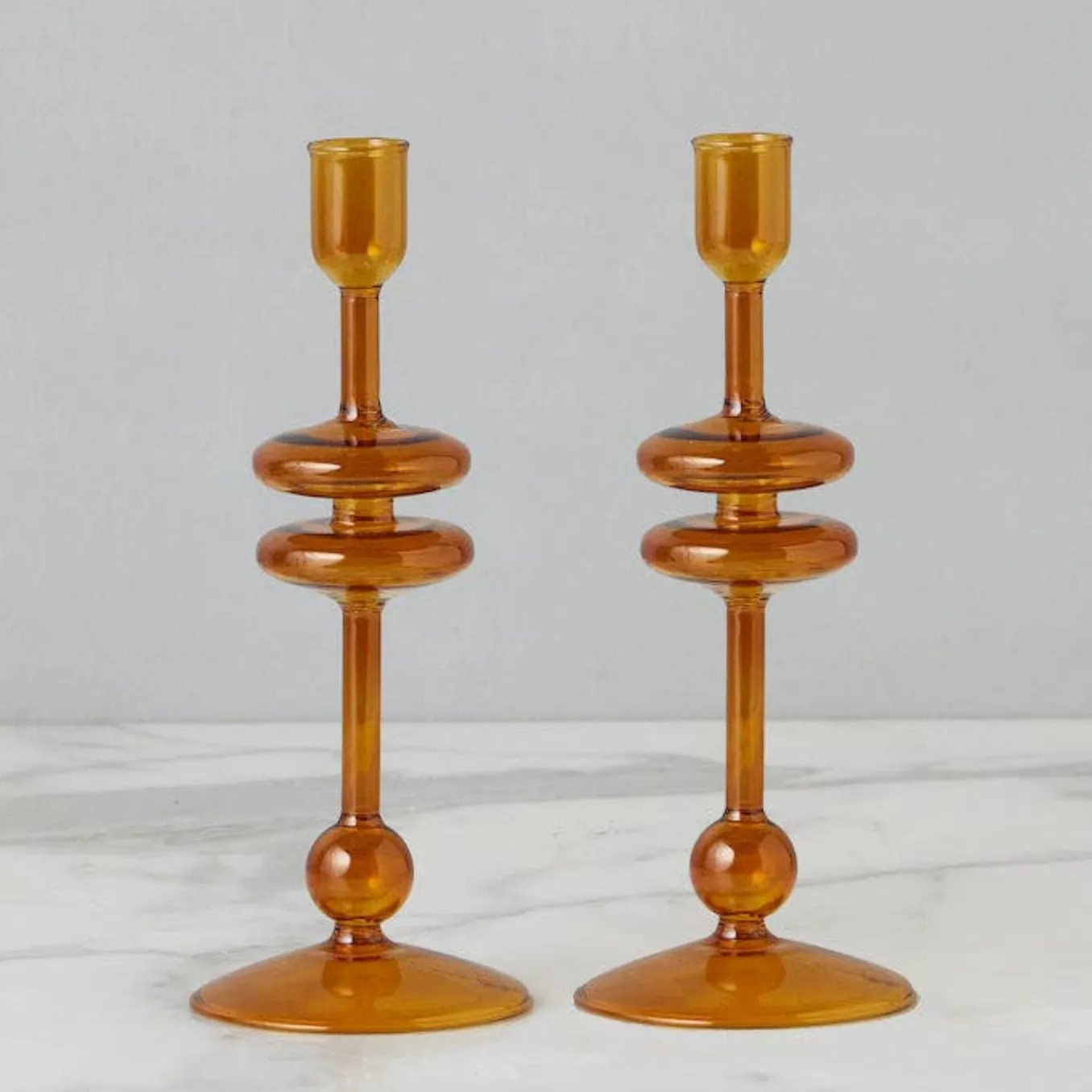 Amber Glass Candlestick - Pair