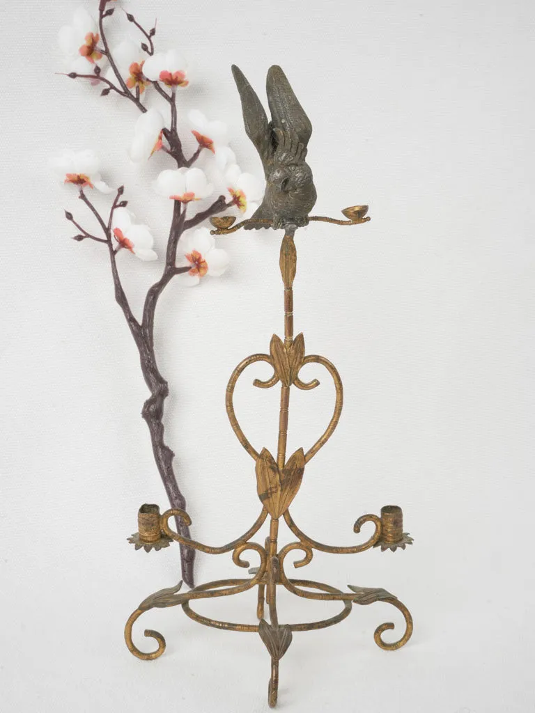 Antique Brass and Bronze Parrot Candlestick 11¾"