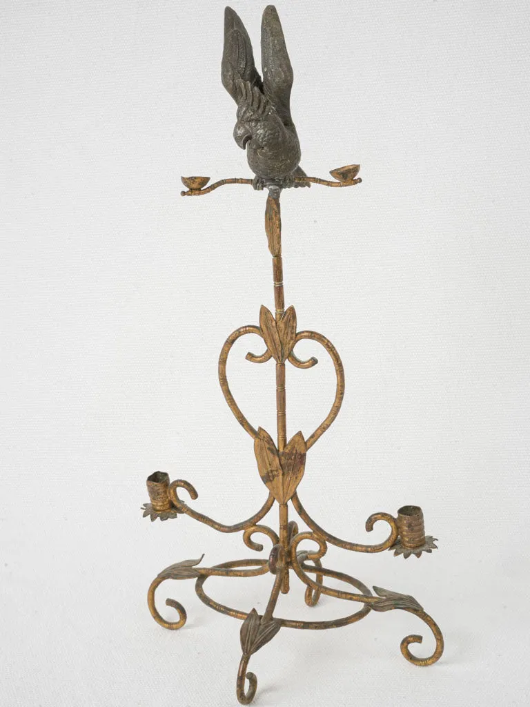 Antique Brass and Bronze Parrot Candlestick 11¾"
