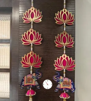 Ballyloony 1 Pair of Shubh Labh Elephant Wooden,and Lotus Door Hanging Enterance Gate Showpiece Hanging Door Side Hanging for Home mandir Navratri Diwali Decor
