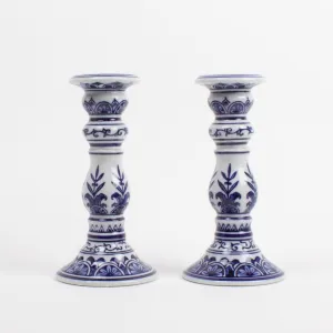Blue Chinoiserie Candle Stick Set of 2 - Small