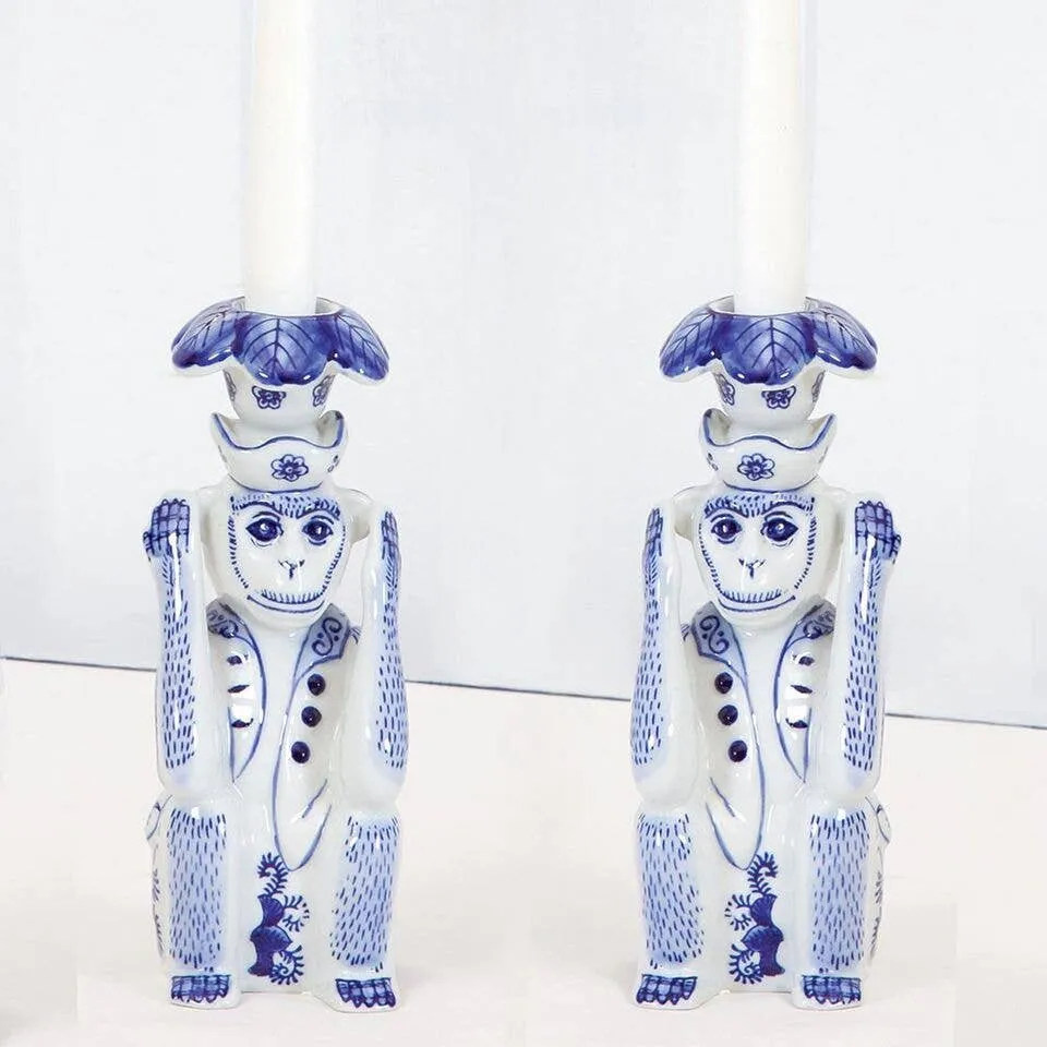 Blue Chinoiserie Monkey Candlestick Set