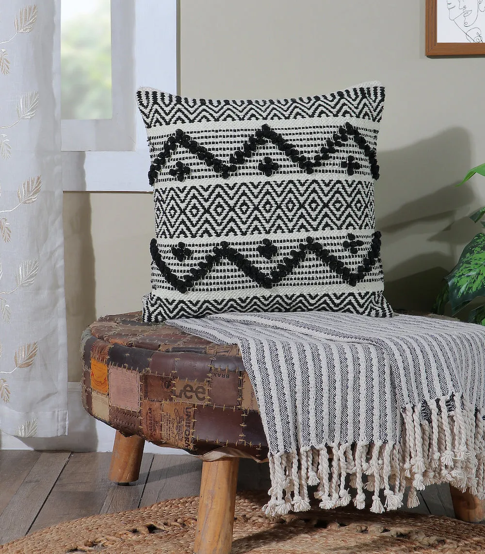 Boho Cushion Cover with Black and White Tribal Pattern Textured Design