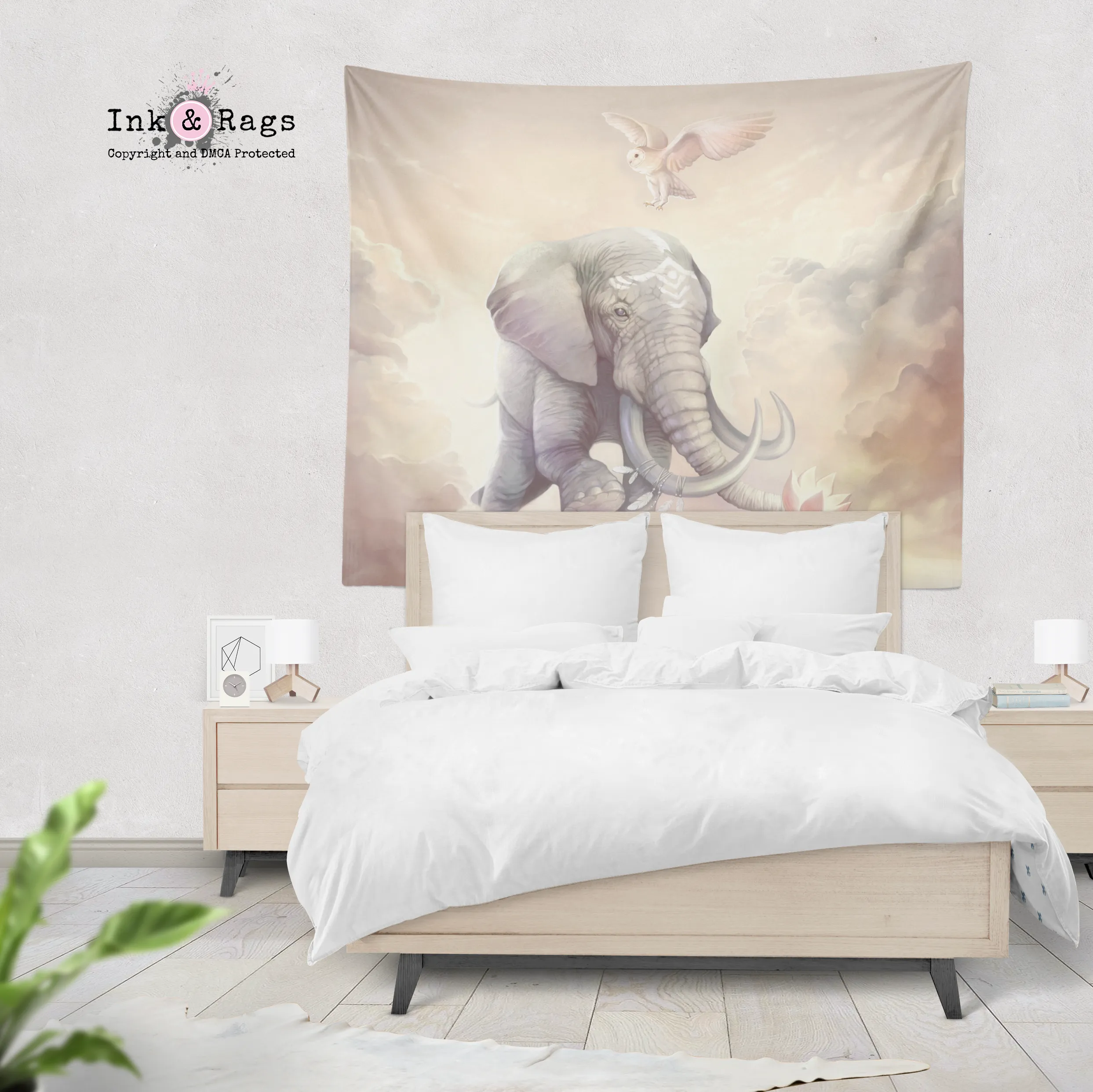 Boho Elephant Owl and Lotus Wall Tapestry