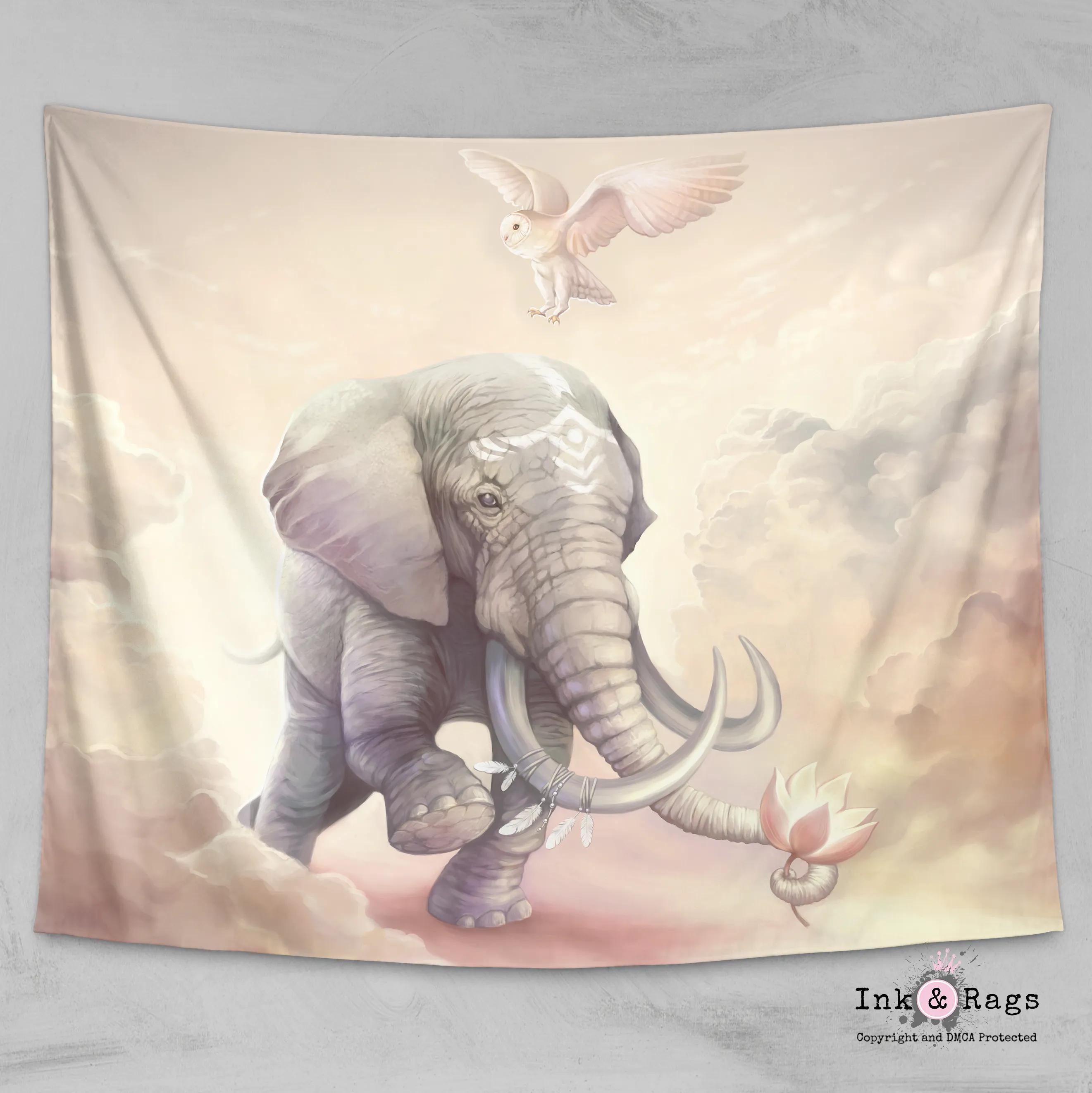 Boho Elephant Owl and Lotus Wall Tapestry