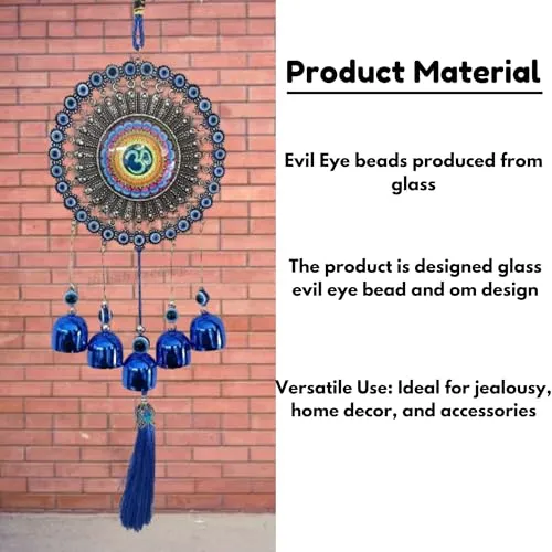 Buyab Factory® Om Design Wind Chimes for Home Positive Energy, Evil Eye Hanging for Home, Evil Eye Home Decor Items, Hanging Decorative Items for Home (Silver and Blue)