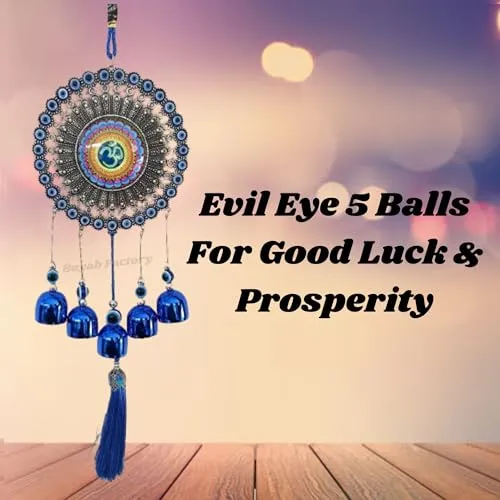 Buyab Factory® Om Design Wind Chimes for Home Positive Energy, Evil Eye Hanging for Home, Evil Eye Home Decor Items, Hanging Decorative Items for Home (Silver and Blue)