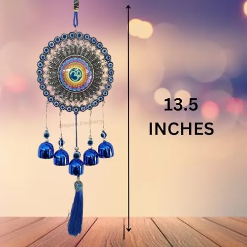 Buyab Factory® Om Design Wind Chimes for Home Positive Energy, Evil Eye Hanging for Home, Evil Eye Home Decor Items, Hanging Decorative Items for Home (Silver and Blue)