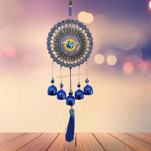 Buyab Factory® Om Design Wind Chimes for Home Positive Energy, Evil Eye Hanging for Home, Evil Eye Home Decor Items, Hanging Decorative Items for Home (Silver and Blue)