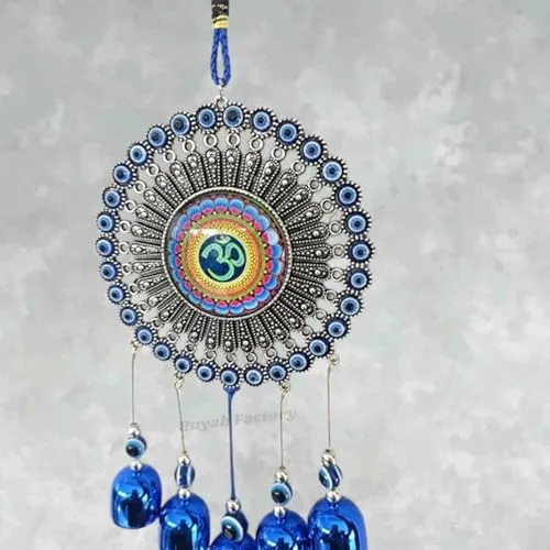 Buyab Factory® Om Design Wind Chimes for Home Positive Energy, Evil Eye Hanging for Home, Evil Eye Home Decor Items, Hanging Decorative Items for Home (Silver and Blue)