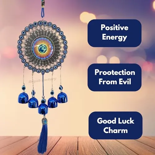 Buyab Factory® Om Design Wind Chimes for Home Positive Energy, Evil Eye Hanging for Home, Evil Eye Home Decor Items, Hanging Decorative Items for Home (Silver and Blue)