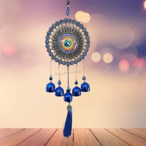Buyab Factory® Om Design Wind Chimes for Home Positive Energy, Evil Eye Hanging for Home, Evil Eye Home Decor Items, Hanging Decorative Items for Home (Silver and Blue)