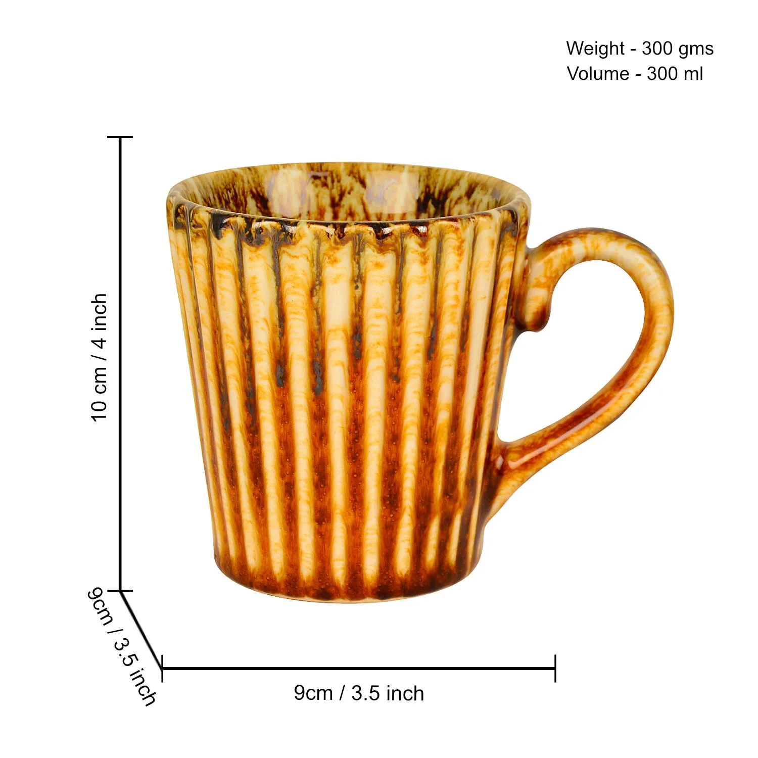 Ceramic Ribbed Coffee Mugs (300 ml each, Set of 2, Brown)