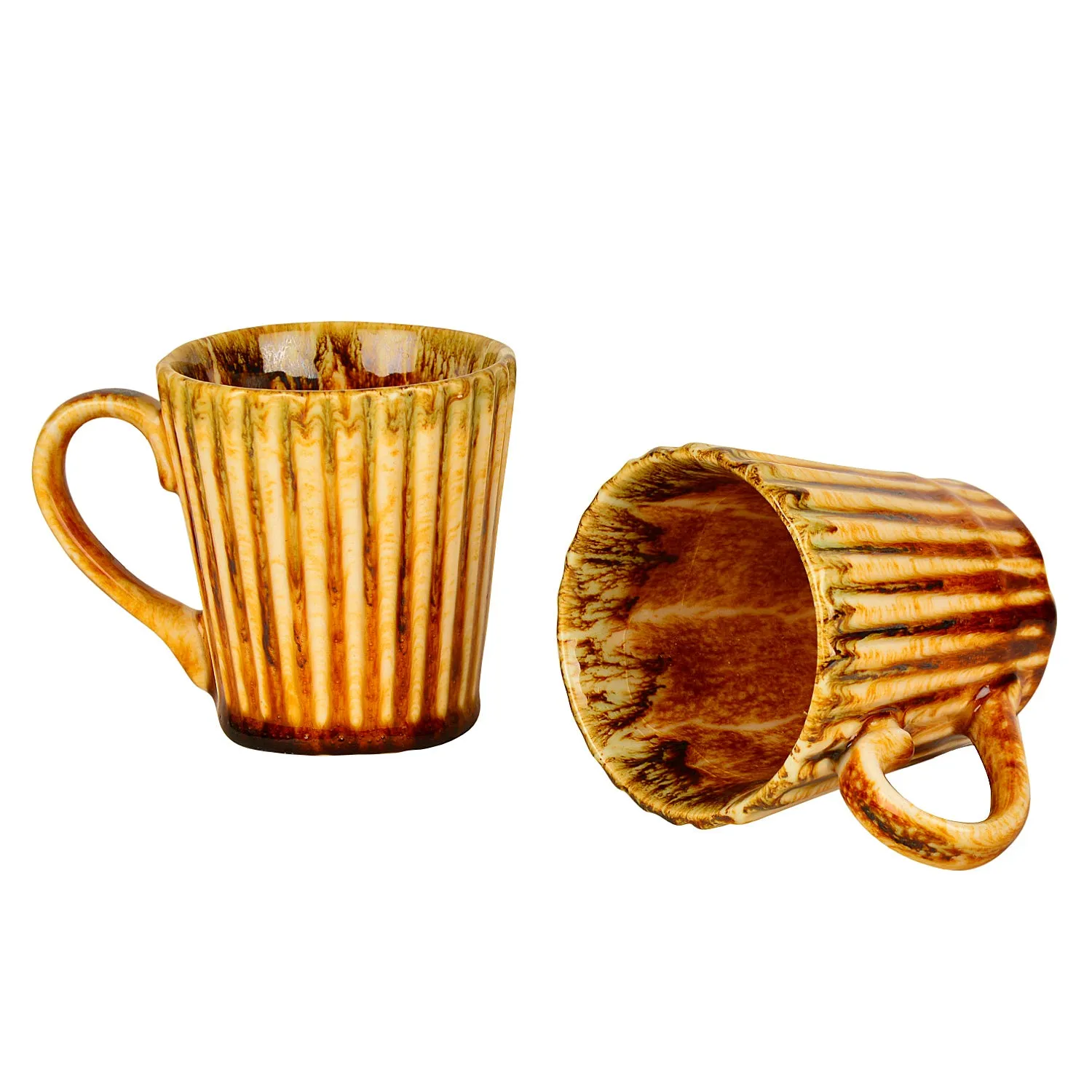 Ceramic Ribbed Coffee Mugs (300 ml each, Set of 2, Brown)