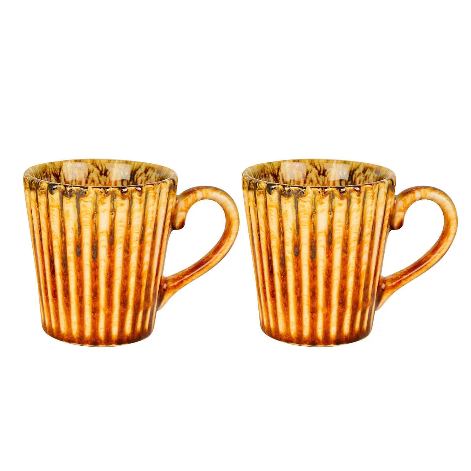 Ceramic Ribbed Coffee Mugs (300 ml each, Set of 2, Brown)