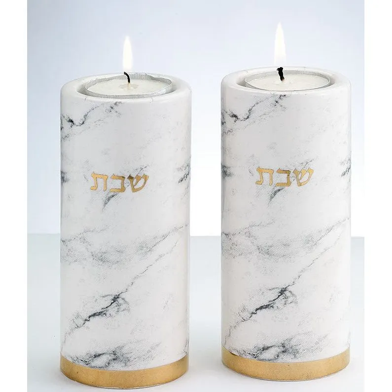 Ceramic Shabbat Candlesticks 5.5" Marble Design Gold Accents Set of 2