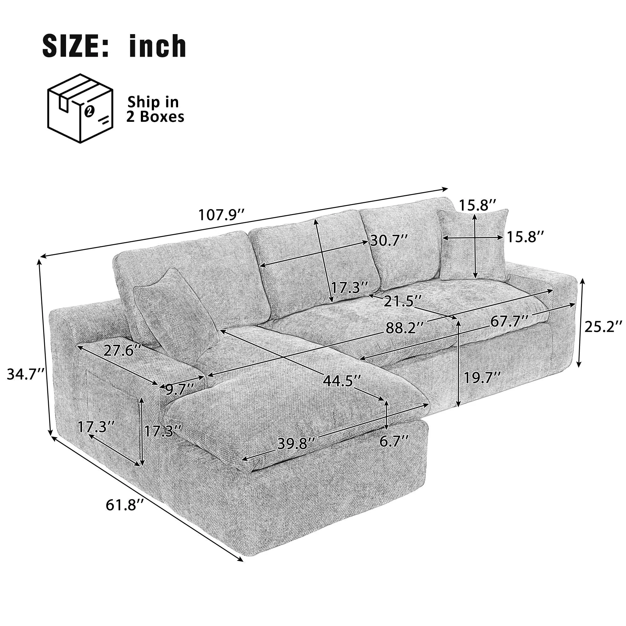 Cloud Sectional Sofa With Double Layer Cushion And Side Pockets, Free-Combined by Couch.com