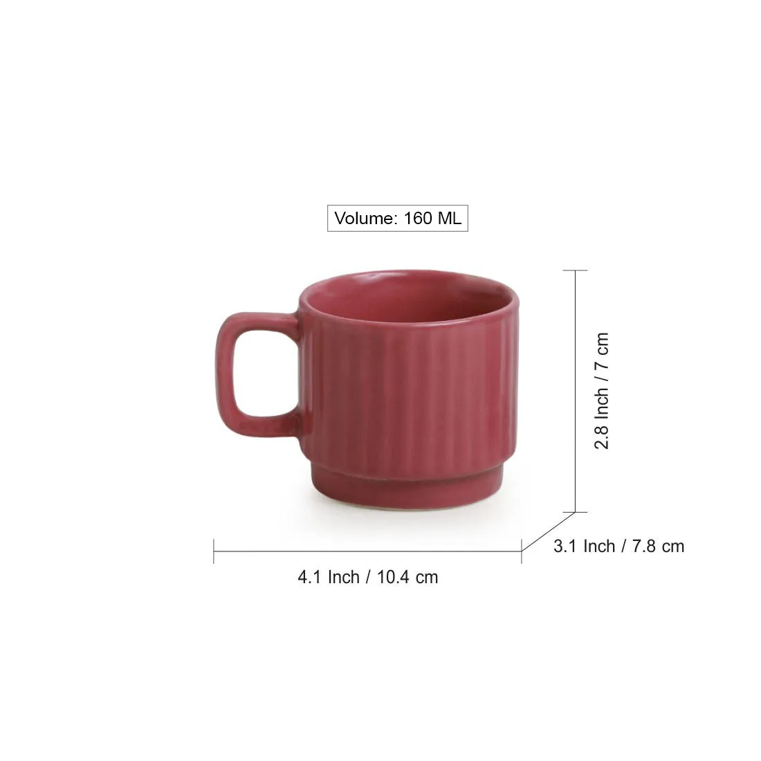 'Coral Reef' Tea Cups In Ceramic (Set Of 6, Hand Glazed Studio Pottery, Carmine Red)