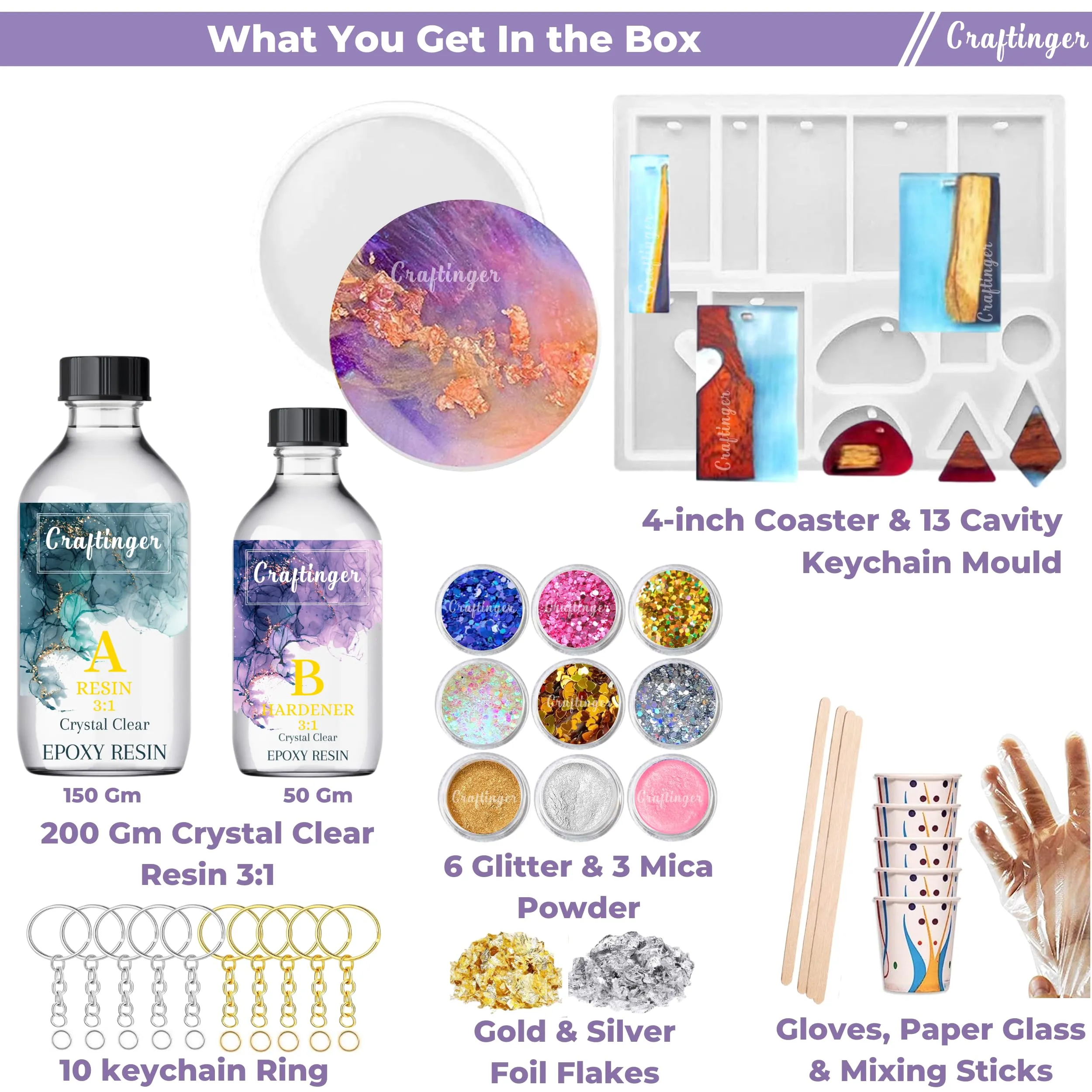 Craftinger DIY Resin Keychain Making kIt with 200Gm Resin, Glitter and Keyring