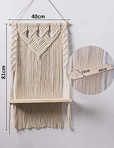 Decazone Macrame Wall Hanging Shelf Bohemian Designs Home Decor Pine Wooden Shelves and Cotton Cord (Farmhouse)