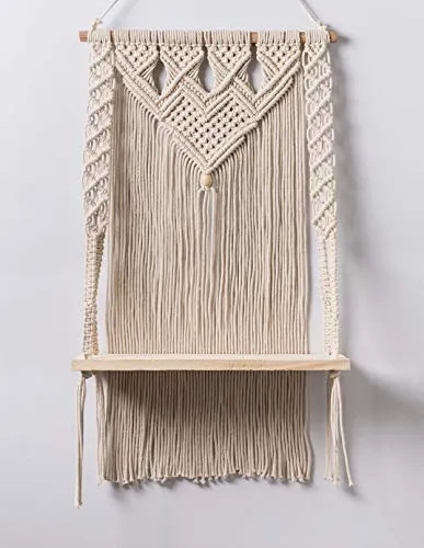 Decazone Macrame Wall Hanging Shelf Bohemian Designs Home Decor Pine Wooden Shelves and Cotton Cord (Farmhouse)
