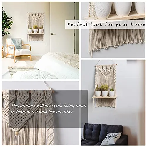 Decazone Macrame Wall Hanging Shelf Bohemian Designs Home Decor Pine Wooden Shelves and Cotton Cord (Farmhouse)