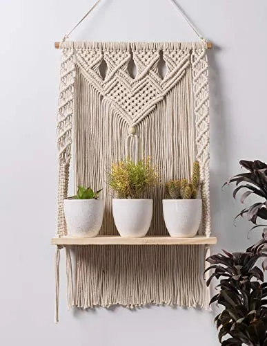 Decazone Macrame Wall Hanging Shelf Bohemian Designs Home Decor Pine Wooden Shelves and Cotton Cord (Farmhouse)