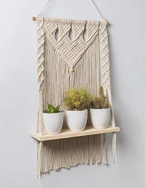 Decazone Macrame Wall Hanging Shelf Bohemian Designs Home Decor Pine Wooden Shelves and Cotton Cord (Farmhouse)