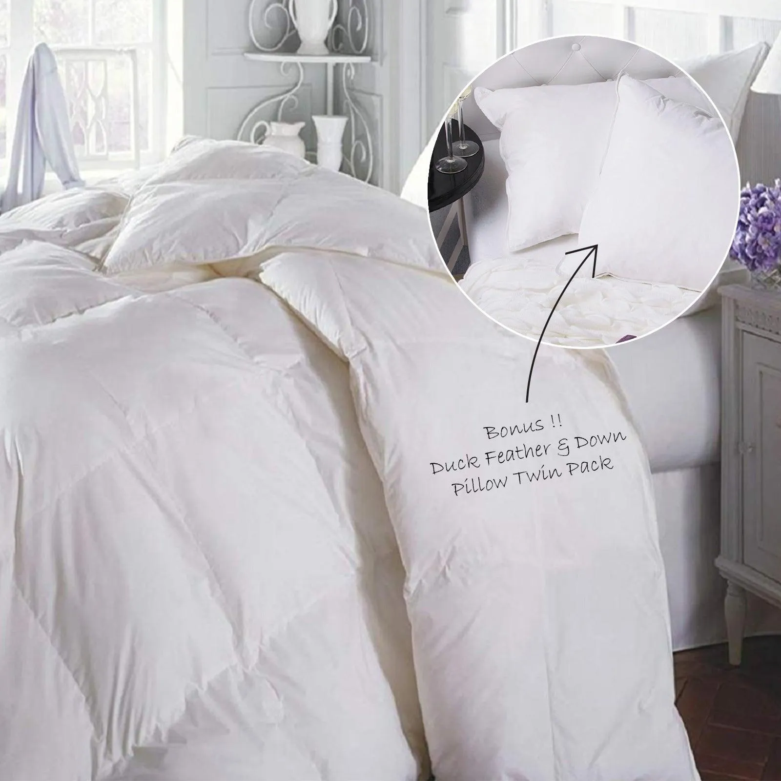 Duck Feather & Down Quilt 500GSM   Duck Feather and Down Pillows 2 Pack Combo - Double - White