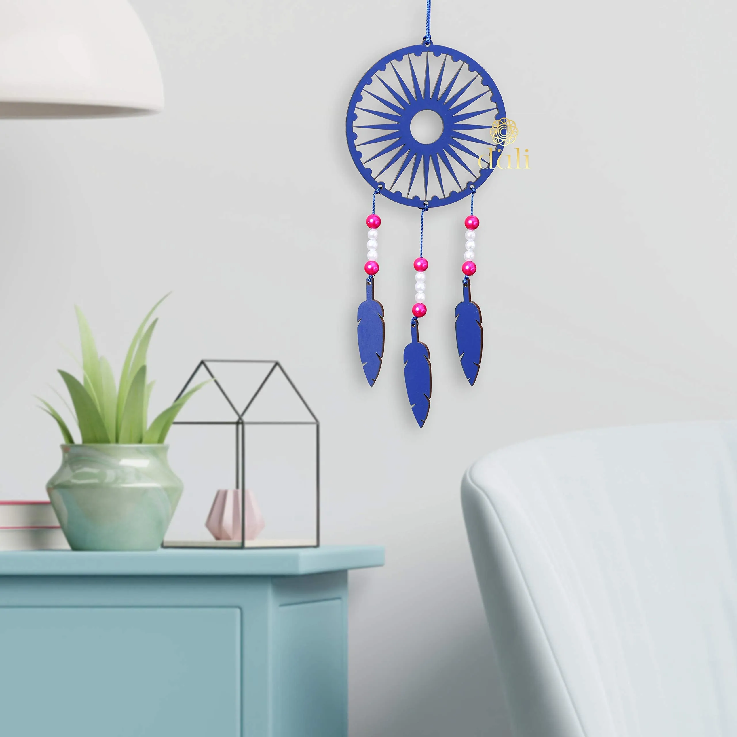 DULI Crescent Moon MDF Windchime Wall Hanging, Car Hanging for Home Decor, Kitchen Decor (Blue Mandala Small)