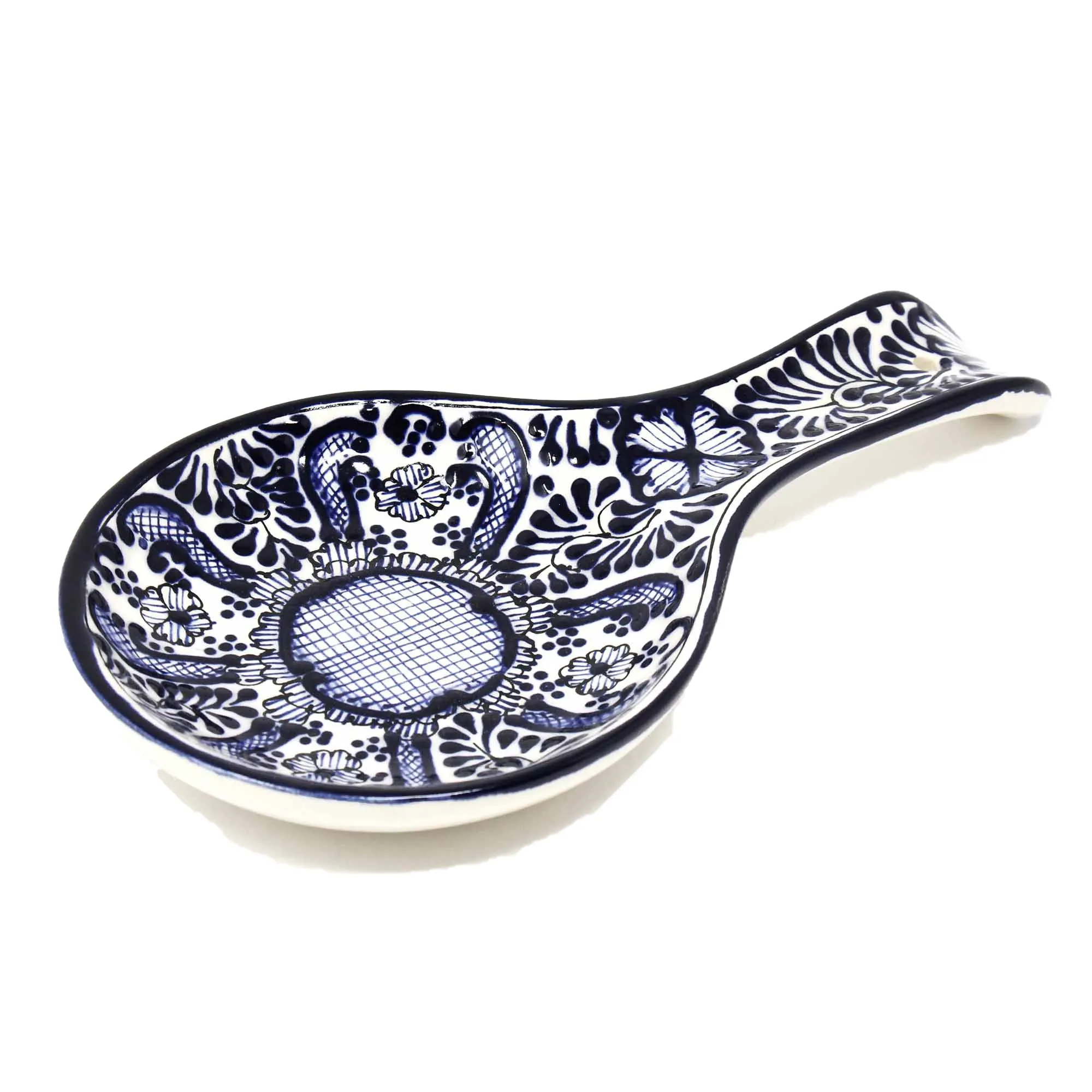 Handmade Pottery Spoon Rest, Blue Flower Encantada