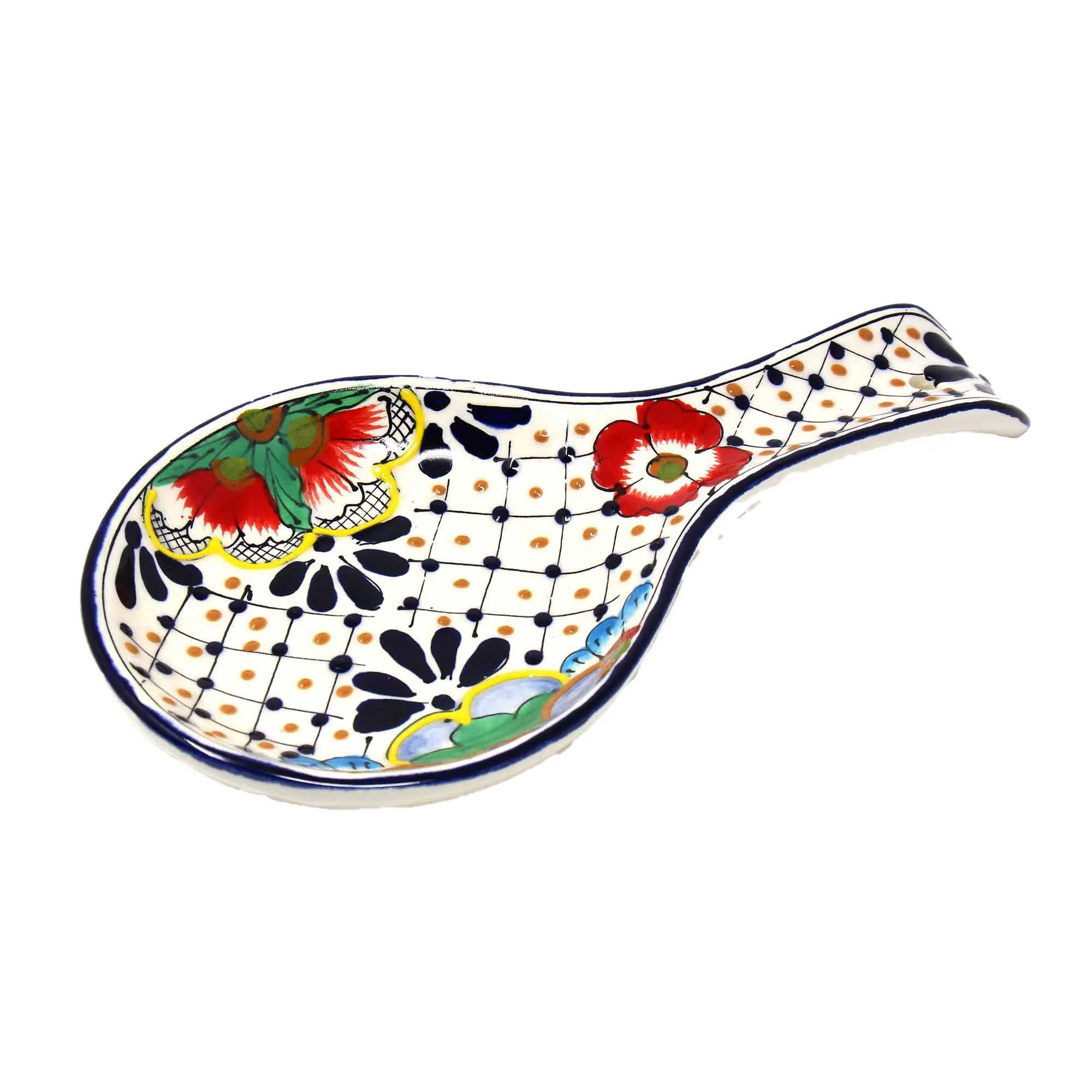 Handmade Pottery Spoon Rest, Dots & Flowers Encantada
