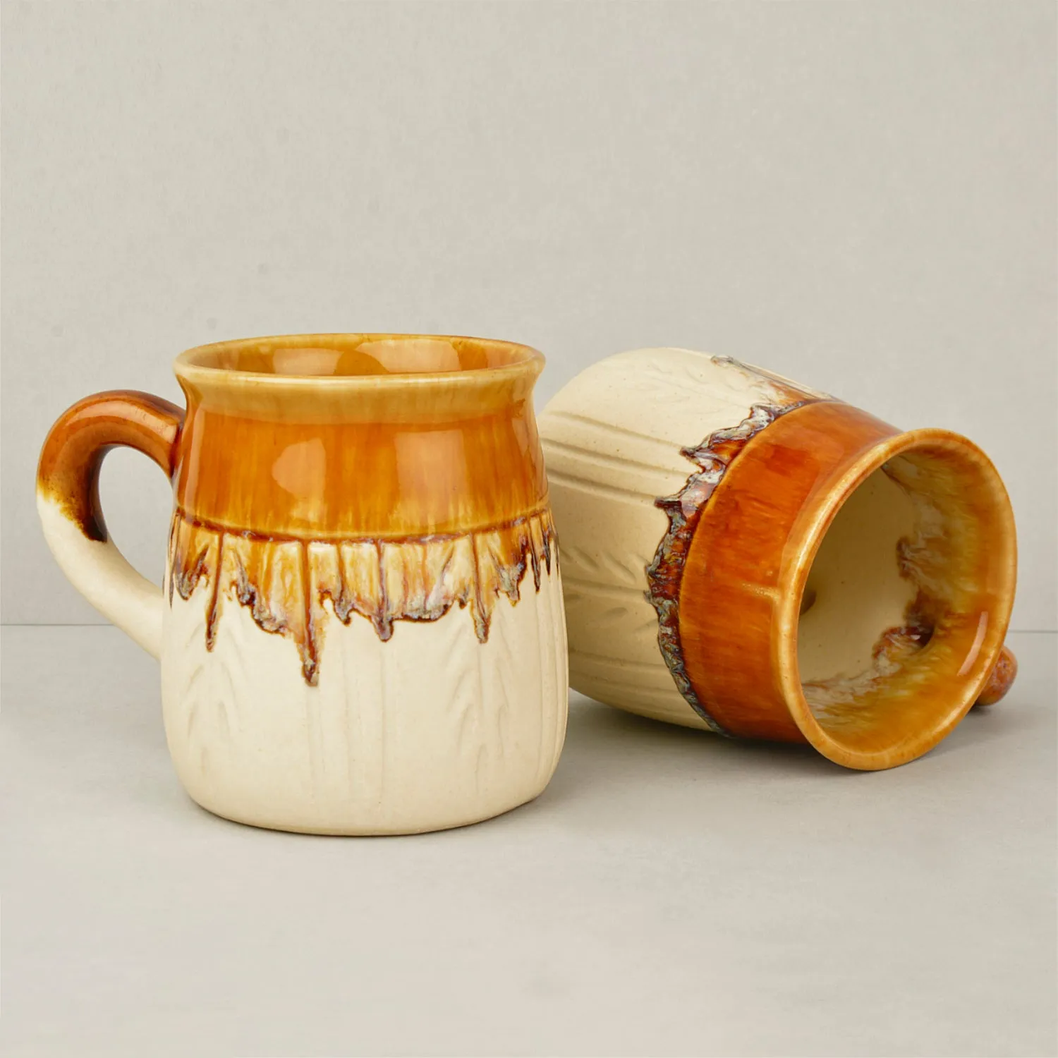Handpainted Ceramic Coffee Mugs (Set of 2, Beige and Brown, 300 ml each)
