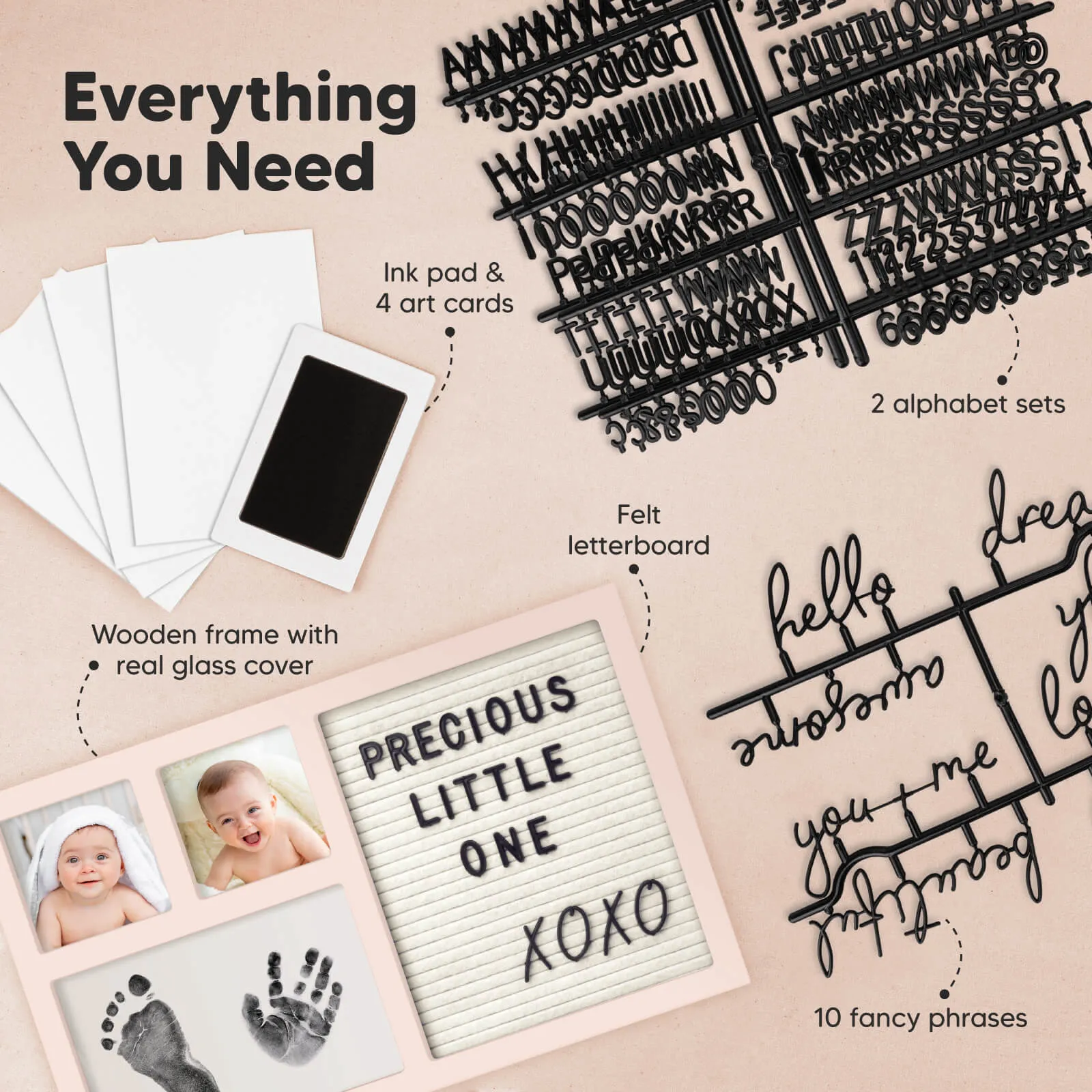 Heartfelt Clean Touch Inkless Hand & Footprint Frame Kit with Letterboard (Petal Pink)