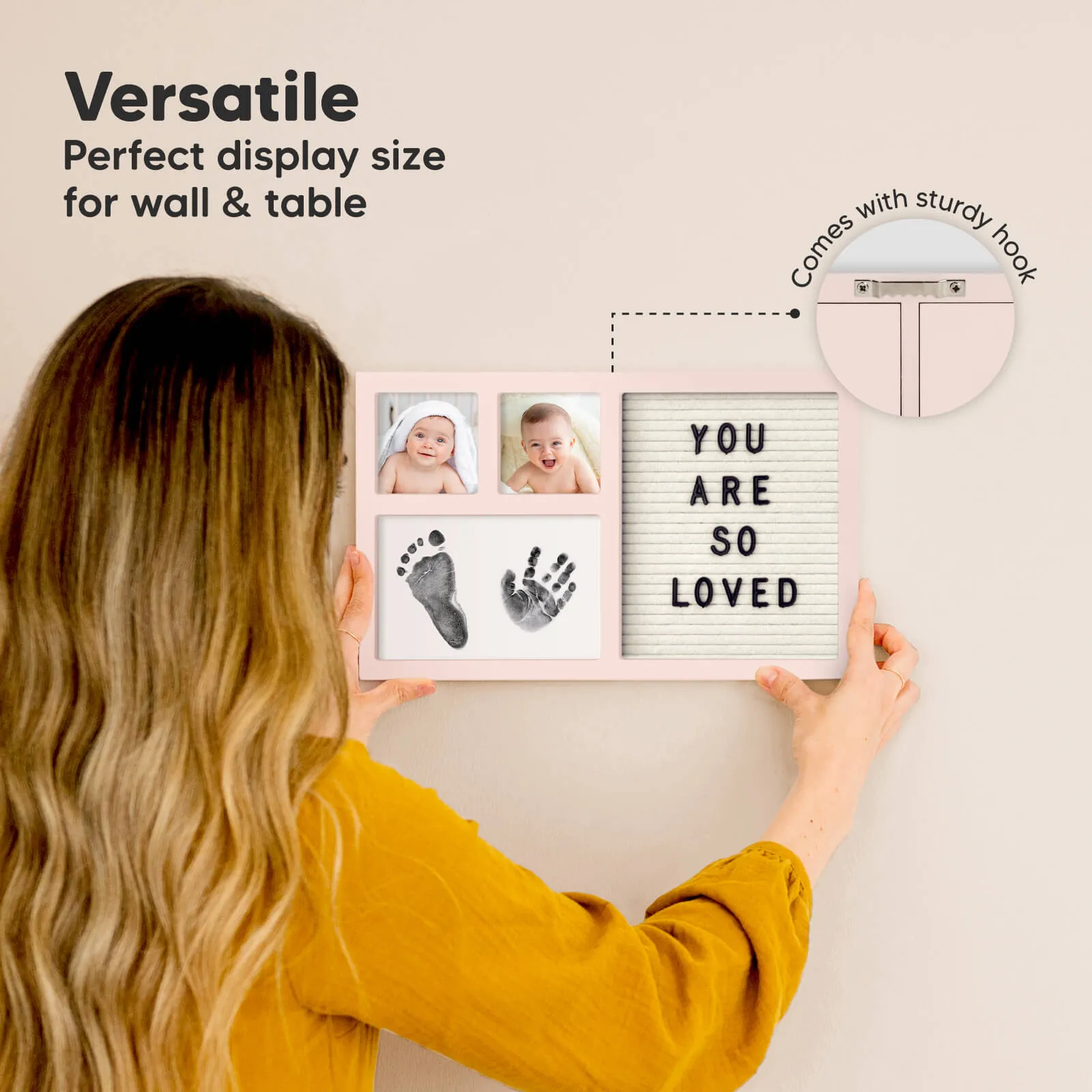 Heartfelt Clean Touch Inkless Hand & Footprint Frame Kit with Letterboard (Petal Pink)