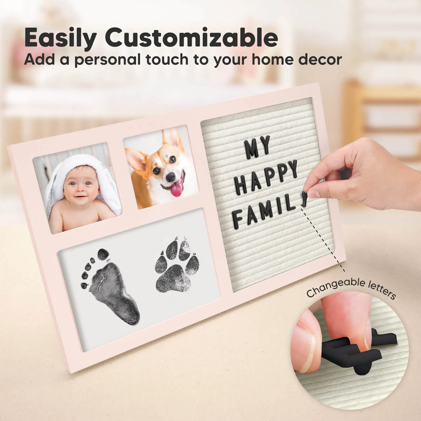 Heartfelt Clean Touch Inkless Hand & Footprint Frame Kit with Letterboard (Petal Pink)