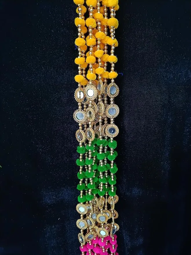 hicsync hangings for Decoration,Diwali Decor,puja Home,Lotus hangings Decoration,Pooja Room 3 Ft Pom Pom Garlands with Mirror (2)