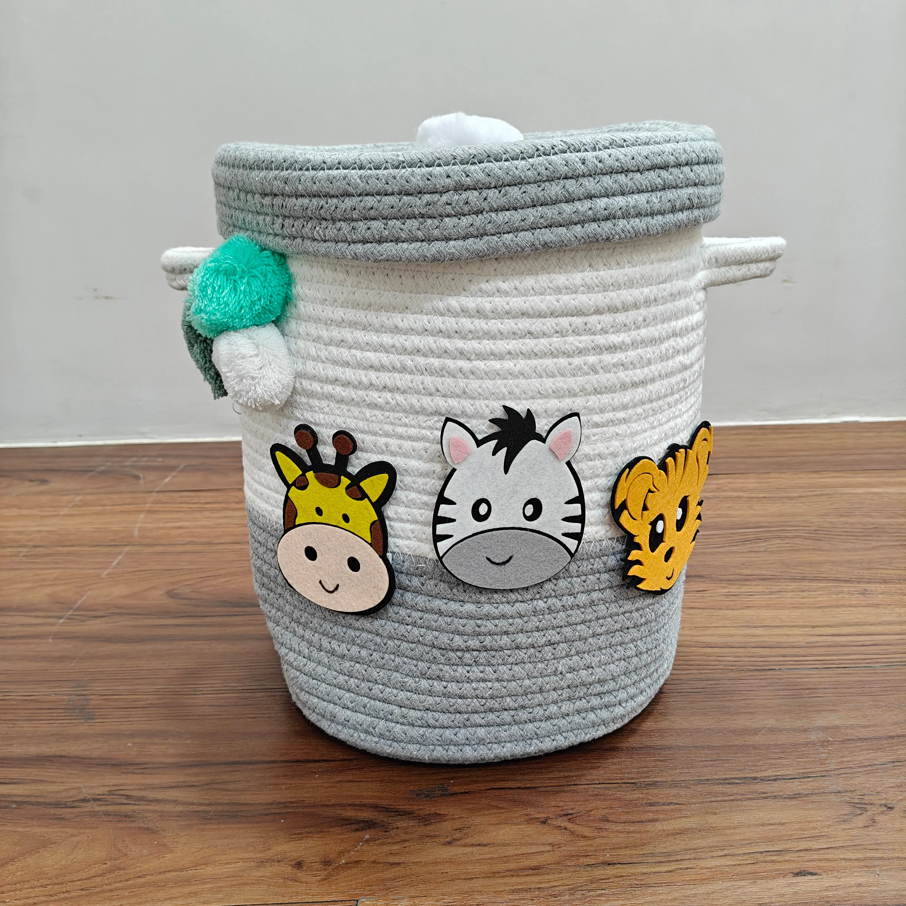 Jute Cotton Storage Basket  with Lid - Smoky Safari
