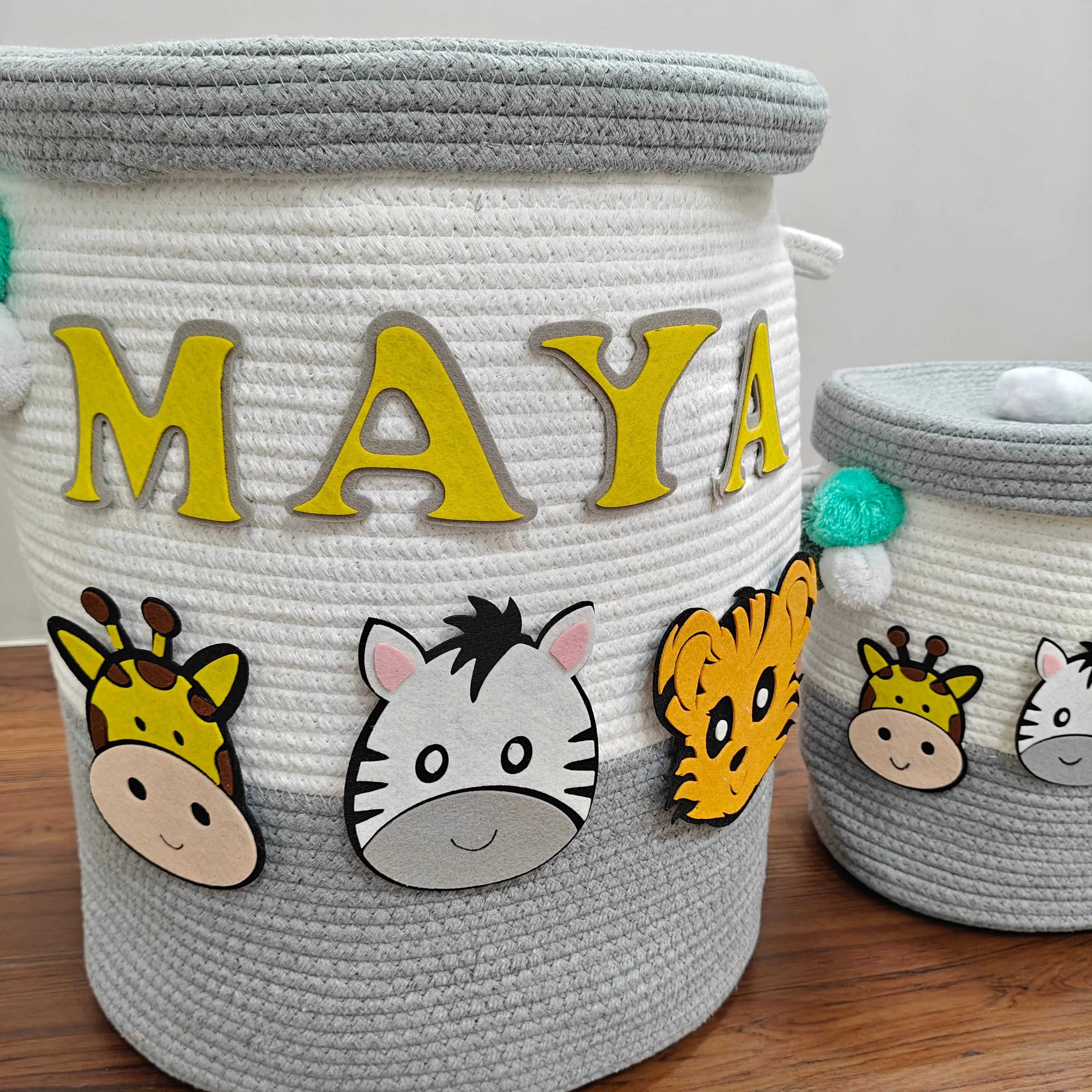 Jute Cotton Storage Basket  with Lid - Smoky Safari