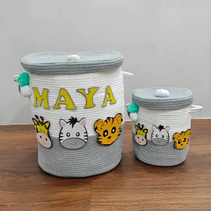 Jute Cotton Storage Basket  with Lid - Smoky Safari