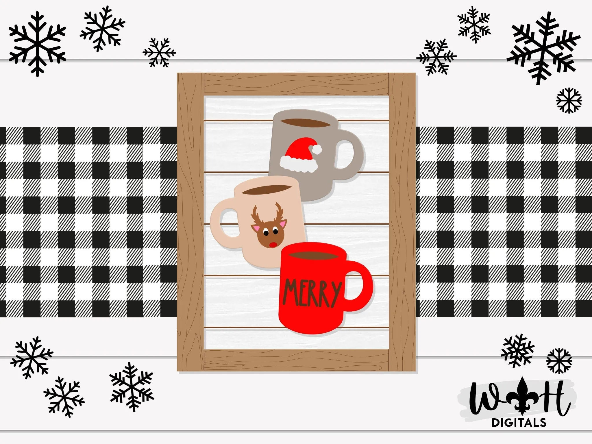 Merry Stacked Coffee Mugs Farmhouse Frame Sign - Christmas Tiered Tray Decor and DIY Kits - Cut File For Glowforge Lasers - Digital SVG File